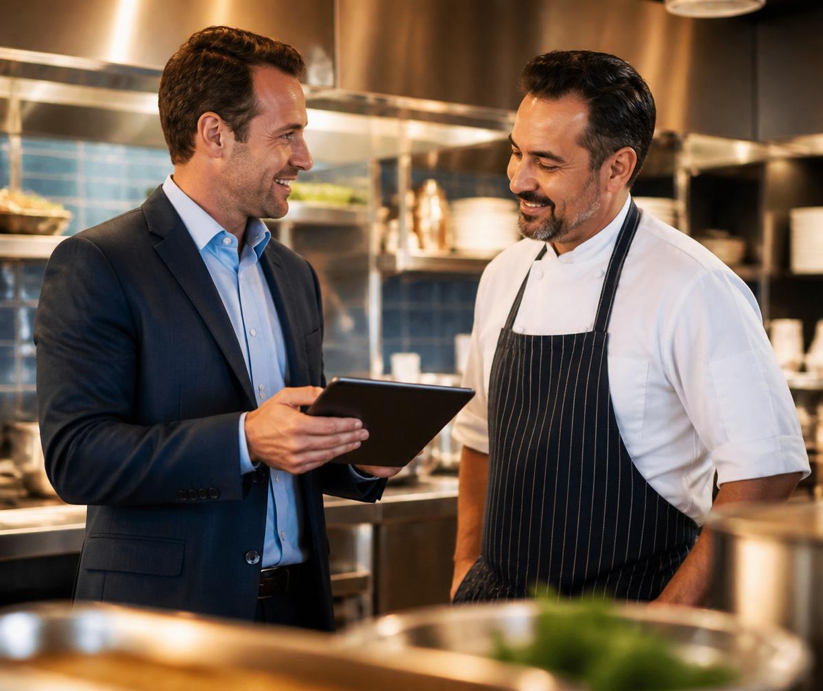 Agente commerciale che mostra i prodotti a uno chef in cucina